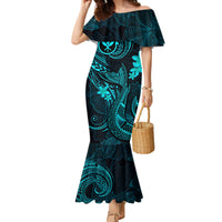 Hawaii Family Matching Mermaid Dress and Hawaiian Shirt Fish Hook Tattoo Mix Polynesian Plumeria Turquoise Version - Wonder Print Shop
