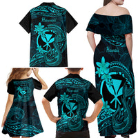 Hawaii Family Matching Off Shoulder Long Sleeve Dress and Hawaiian Shirt Fish Hook Tattoo Mix Polynesian Plumeria Turquoise Version - Wonder Print Shop