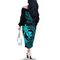 Hawaii Family Matching Off Shoulder Long Sleeve Dress and Hawaiian Shirt Fish Hook Tattoo Mix Polynesian Plumeria Turquoise Version - Wonder Print Shop