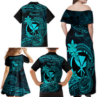 Hawaii Family Matching Off Shoulder Maxi Dress and Hawaiian Shirt Fish Hook Tattoo Mix Polynesian Plumeria Turquoise Version - Wonder Print Shop