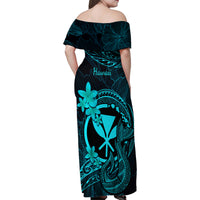 Hawaii Family Matching Off Shoulder Maxi Dress and Hawaiian Shirt Fish Hook Tattoo Mix Polynesian Plumeria Turquoise Version - Wonder Print Shop