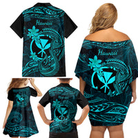 Hawaii Family Matching Off Shoulder Short Dress and Hawaiian Shirt Fish Hook Tattoo Mix Polynesian Plumeria Turquoise Version - Wonder Print Shop