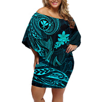 Hawaii Family Matching Off Shoulder Short Dress and Hawaiian Shirt Fish Hook Tattoo Mix Polynesian Plumeria Turquoise Version - Wonder Print Shop