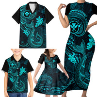 Hawaii Family Matching Short Sleeve Bodycon Dress and Hawaiian Shirt Fish Hook Tattoo Mix Polynesian Plumeria Turquoise Version - Wonder Print Shop