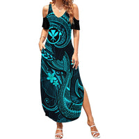Hawaii Family Matching Summer Maxi Dress and Hawaiian Shirt Fish Hook Tattoo Mix Polynesian Plumeria Turquoise Version - Wonder Print Shop