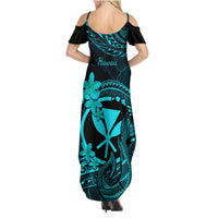 Hawaii Family Matching Summer Maxi Dress and Hawaiian Shirt Fish Hook Tattoo Mix Polynesian Plumeria Turquoise Version - Wonder Print Shop