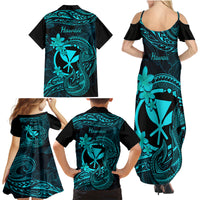 Hawaii Family Matching Summer Maxi Dress and Hawaiian Shirt Fish Hook Tattoo Mix Polynesian Plumeria Turquoise Version - Wonder Print Shop