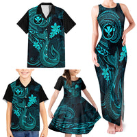Hawaii Family Matching Tank Maxi Dress and Hawaiian Shirt Fish Hook Tattoo Mix Polynesian Plumeria Turquoise Version - Wonder Print Shop