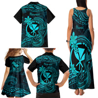 Hawaii Family Matching Tank Maxi Dress and Hawaiian Shirt Fish Hook Tattoo Mix Polynesian Plumeria Turquoise Version - Wonder Print Shop