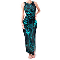 Hawaii Family Matching Tank Maxi Dress and Hawaiian Shirt Fish Hook Tattoo Mix Polynesian Plumeria Turquoise Version - Wonder Print Shop