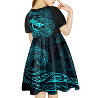 Hawaii Kid Short Sleeve Dress Fish Hook Tattoo Mix Polynesian Plumeria Turquoise Version - Wonder Print Shop
