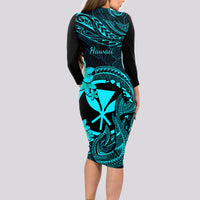 Hawaii Long Sleeve Bodycon Dress Fish Hook Tattoo Mix Polynesian Plumeria Turquoise Version - Wonder Print Shop