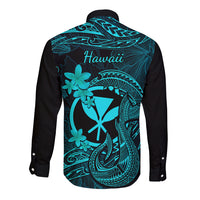 Hawaii Long Sleeve Button Shirt Fish Hook Tattoo Mix Polynesian Plumeria Turquoise Version - Wonder Print Shop