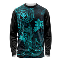 Hawaii Long Sleeve Shirt Fish Hook Tattoo Mix Polynesian Plumeria Turquoise Version - Wonder Print Shop