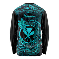 Hawaii Long Sleeve Shirt Fish Hook Tattoo Mix Polynesian Plumeria Turquoise Version - Wonder Print Shop
