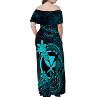 Hawaii Off Shoulder Maxi Dress Fish Hook Tattoo Mix Polynesian Plumeria Turquoise Version - Wonder Print Shop