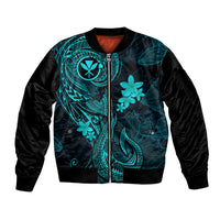 Hawaii Sleeve Zip Bomber Jacket Fish Hook Tattoo Mix Polynesian Plumeria Turquoise Version - Wonder Print Shop