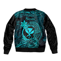 Hawaii Sleeve Zip Bomber Jacket Fish Hook Tattoo Mix Polynesian Plumeria Turquoise Version - Wonder Print Shop