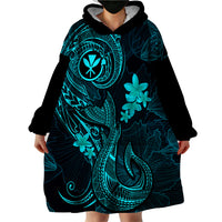 Hawaii Wearable Blanket Hoodie Fish Hook Tattoo Mix Polynesian Plumeria Turquoise Version - Wonder Print Shop