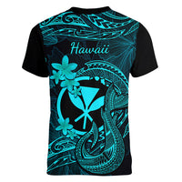 Hawaii Women V Neck T Shirt Fish Hook Tattoo Mix Polynesian Plumeria Turquoise Version - Wonder Print Shop