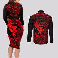 Hawaii Couples Matching Long Sleeve Bodycon Dress and Long Sleeve Button Shirts Fish Hook Tattoo Mix Polynesian Plumeria Red Version - Wonder Print Shop