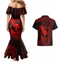 Hawaii Couples Matching Mermaid Dress and Hawaiian Shirt Fish Hook Tattoo Mix Polynesian Plumeria Red Version - Wonder Print Shop