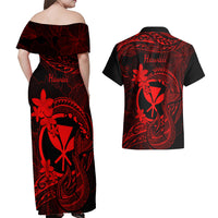 Hawaii Couples Matching Off Shoulder Maxi Dress and Hawaiian Shirt Fish Hook Tattoo Mix Polynesian Plumeria Red Version - Wonder Print Shop