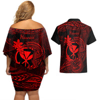 Hawaii Couples Matching Off Shoulder Short Dress and Hawaiian Shirt Fish Hook Tattoo Mix Polynesian Plumeria Red Version - Wonder Print Shop