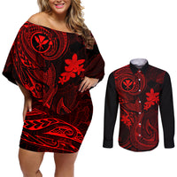 Hawaii Couples Matching Off Shoulder Short Dress and Long Sleeve Button Shirts Fish Hook Tattoo Mix Polynesian Plumeria Red Version - Wonder Print Shop