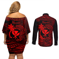 Hawaii Couples Matching Off Shoulder Short Dress and Long Sleeve Button Shirts Fish Hook Tattoo Mix Polynesian Plumeria Red Version - Wonder Print Shop