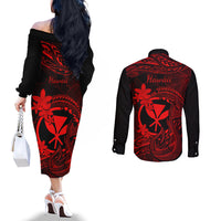 hawaii-couples-matching-off-the-shoulder-long-sleeve-dress-and-long-sleeve-button-shirts-fish-hook-tattoo-mix-polynesian-plumeria-red-version