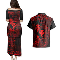 Hawaii Couples Matching Puletasi Dress and Hawaiian Shirt Fish Hook Tattoo Mix Polynesian Plumeria Red Version - Wonder Print Shop