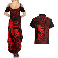 Hawaii Couples Matching Summer Maxi Dress and Hawaiian Shirt Fish Hook Tattoo Mix Polynesian Plumeria Red Version - Wonder Print Shop