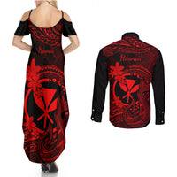 Hawaii Couples Matching Summer Maxi Dress and Long Sleeve Button Shirts Fish Hook Tattoo Mix Polynesian Plumeria Red Version - Wonder Print Shop