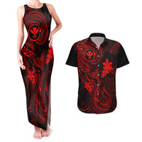 Hawaii Couples Matching Tank Maxi Dress and Hawaiian Shirt Fish Hook Tattoo Mix Polynesian Plumeria Red Version - Wonder Print Shop