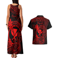 Hawaii Couples Matching Tank Maxi Dress and Hawaiian Shirt Fish Hook Tattoo Mix Polynesian Plumeria Red Version - Wonder Print Shop