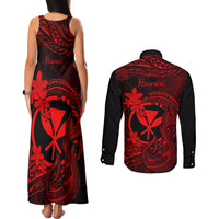 Hawaii Couples Matching Tank Maxi Dress and Long Sleeve Button Shirts Fish Hook Tattoo Mix Polynesian Plumeria Red Version - Wonder Print Shop