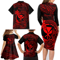 Hawaii Family Matching Long Sleeve Bodycon Dress and Hawaiian Shirt Fish Hook Tattoo Mix Polynesian Plumeria Red Version - Wonder Print Shop