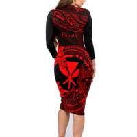 Hawaii Family Matching Long Sleeve Bodycon Dress and Hawaiian Shirt Fish Hook Tattoo Mix Polynesian Plumeria Red Version - Wonder Print Shop