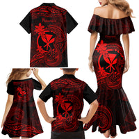 Hawaii Family Matching Mermaid Dress and Hawaiian Shirt Fish Hook Tattoo Mix Polynesian Plumeria Red Version - Wonder Print Shop