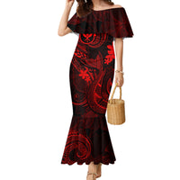 Hawaii Family Matching Mermaid Dress and Hawaiian Shirt Fish Hook Tattoo Mix Polynesian Plumeria Red Version - Wonder Print Shop