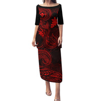 Hawaii Family Matching Puletasi Dress and Hawaiian Shirt Fish Hook Tattoo Mix Polynesian Plumeria Red Version - Wonder Print Shop