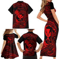 Hawaii Family Matching Short Sleeve Bodycon Dress and Hawaiian Shirt Fish Hook Tattoo Mix Polynesian Plumeria Red Version - Wonder Print Shop