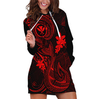Hawaii Hoodie Dress Fish Hook Tattoo Mix Polynesian Plumeria Red Version - Wonder Print Shop