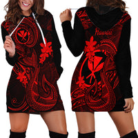 Hawaii Hoodie Dress Fish Hook Tattoo Mix Polynesian Plumeria Red Version - Wonder Print Shop