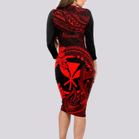 Hawaii Long Sleeve Bodycon Dress Fish Hook Tattoo Mix Polynesian Plumeria Red Version - Wonder Print Shop