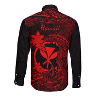 Hawaii Long Sleeve Button Shirt Fish Hook Tattoo Mix Polynesian Plumeria Red Version - Wonder Print Shop