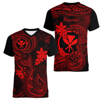 Hawaii Women V Neck T Shirt Fish Hook Tattoo Mix Polynesian Plumeria Red Version - Wonder Print Shop