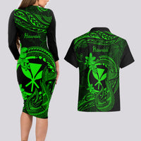 Hawaii Couples Matching Long Sleeve Bodycon Dress and Hawaiian Shirt Fish Hook Tattoo Mix Polynesian Plumeria Green Version - Wonder Print Shop