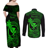 Hawaii Couples Matching Off Shoulder Maxi Dress and Long Sleeve Button Shirts Fish Hook Tattoo Mix Polynesian Plumeria Green Version - Wonder Print Shop